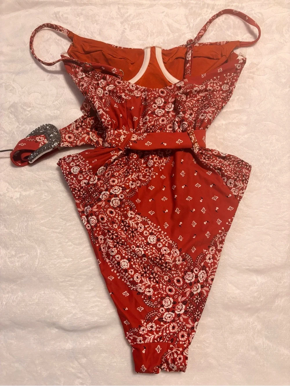 NWOT ONIA Red Bandana Print One-Piece Swimsuit with Buckle. XS